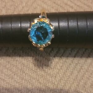 Elegant Gold-Plated & Blue Gemstone Ring Size 8